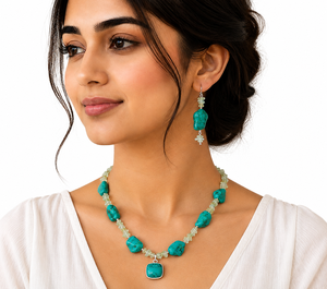 Natural Turquoise Aquamarine Gemstone Beaded Snake Chain Necklace Matching Bohemian Style Earring 925 Sterling Silver Handmade - Product Image 1