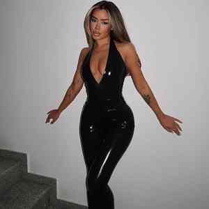 Combinaison moulante métallisée à col licou pour soirée, ensemble deux pièces en cuir PU taille haute pour femme, tenue de club intégrale en cuir - Product Image 5