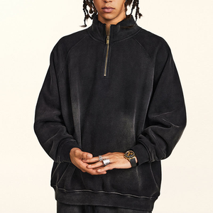 Sudadera con capucha vintage para hombre, de tejido grueso, estilo urbano, con cuello alto, cremallera de 1/4, a rayas, con efecto lavado ácido y logotipo frontal - Product Image 3