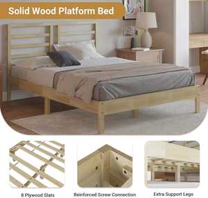 Cadre de lit plateforme en pin massif taille Queen, durable, avec sommier à lattes silencieux de 8,3 pouces, design traditionnel du milieu du siècle, tête de lit TNT - Product Image 2