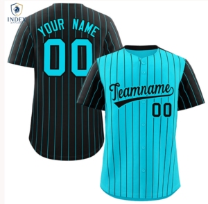 Maillot de baseball personnalisé Index Apparel, noir et turquoise rayé, sublimé, unisexe adulte, manches courtes, anti-transpiration - Product Image 1