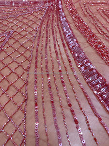 Robe de soirée à paillettes rouges et perles, tissu de luxe, broderie perlée, tissu de mariée avec perles, paillettes, matériaux en dentelle - Product Image 5