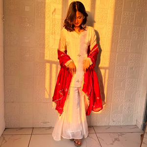 Women White <b>Kurti</b> Sharara Set with Red Dupatta – Elegant Embroidered Festive Wear Palazzo Suit for Wedding & Party - Product Image 1