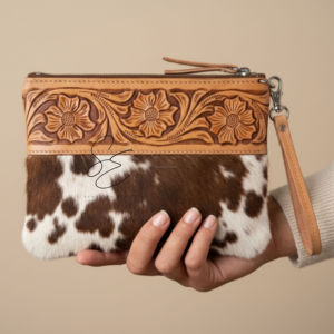 Western Genuine Leather Tooled Cowhide <b>Wristlet</b> Clutch Wallet Floral Embossed Handmade Hair On Zipper Pouch for Women - Product Image 1