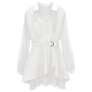 M-4XL Women's Shirt Lapel V Neck Long Sleeves Irregular Hem Plus Size Waist Tight Adjustable Belt Pullover - Product Image 1