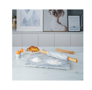 Household Kitchen Baking Tool For Perfect Pizza & Rotis White marble Rolling <b>pin</b> With Wood Handle & base Cheap price - Product Image 4