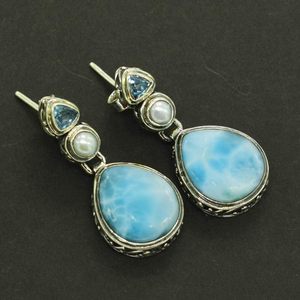 925 Sterling <b>Silver</b> <b>Drop</b> <b>Earrings</b> With Triangle Cut Natural Larimar Blue Topaz Stone & Freshwater Pearl Bezel Setting For Women - Product Image 1