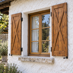 Porte en bois massif de style farmhouse, panneau extérieur fini, design X-Brace, panneau de fenêtre en bois massif - Product Image 3