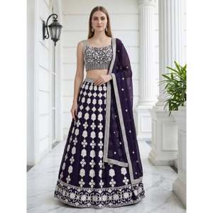 Dazzling Purple <b>Sequins</b> Embroidered Georgette Evening Lehenga Choli - Product Image 1