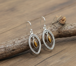 Boucles d'oreilles pendantes faites à la main en argent sterling 925 avec pierre naturelle œil de tigre, cadre ovale perlé, bijoux bohèmes tendance, cadeau pour femme - Product Image 5