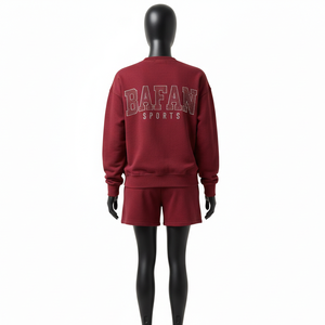 Ensemble sweat-shirt et short pour femme 100% coton, haute qualité, molleton de coton 300 GSM, coupe confortable, couleur unie, logo en strass - Product Image 2