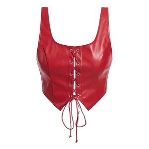<b>Red</b> PU Leather Lace Up <b>Blouse</b> for Women Sexy V-Neck Crop Top Sleeveless Gothic Punk Streetwear Tank Top - Product Image 3