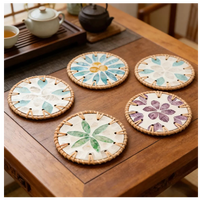 Ensemble de sous-verres en rotin naturel faits à la main avec incrustation de coquillages en résine, antidérapants, écologiques, épaisseur 8 mm, style bohème de luxe, pour thé et café