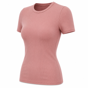 T-shirt décontracté pour femme en mélange de coton côtelé, coupe ajustée, col rond, manches courtes, couleur rose poudré - Product Image 2