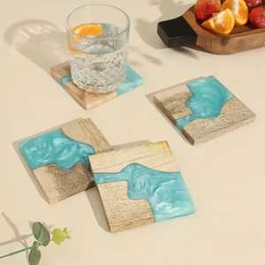 Stylish European Dining Kitchen Christmas <b>Coaster</b> Set High Solid Wood Spliced Resin Tea Mat Heated Square Placemat <b>for</b> Home Car - Product Image 1