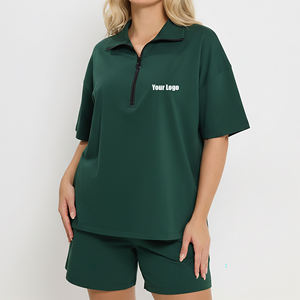 Service OEM Ensemble short polo respirant pour femme en Spandex et Coton, avec logo sérigraphié personnalisé, épaules tombantes en dentelle, style High Street - Product Image 1
