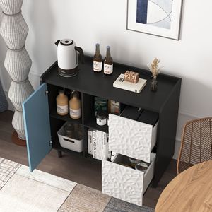 Credenza Nera con Ante Rosse, Design Unico del Pannello, 2 Scomparti Aperti e 2 Cassetti, Mobile da Cucina - Product Image 5