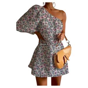 Nuevo Vestido Corto Sexy y Chic para Mujer, de Moda para Club Nocturno, con un Hombro Descubierto y Manga Abullonada, Elegante para Fiesta de Noche, Estampado de Bloques de Verano - Product Image 3