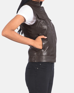 Chaleco de moto para mujer, ligero, con relleno de poliéster, de cuero PU marrón, con cuello mandarín y bolsillos, sin mangas, longitud regular, 220g - Product Image 4