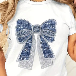 Camiseta de algodón jersey blanca de moda para mujer, manga corta, con lazo de lentejuelas azules grandes, gráfico, informal de verano, cuello redondo - Product Image 1