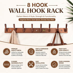 Porte-manteau mural rustique en métal à 8 crochets, système de suspension robuste pour vêtements, manteaux, vestes et sacs, idéal pour l'entrée et la maison - Product Image 5