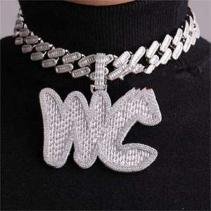 AMBER JEWELS T-399 WC Letter 14K <b>Solid</b> <b>Gold</b> <b>Pendant</b> Necklace <b>Gold</b> Plated Zinc Alloy Lab Grown Crystal Rhinestone Hiphop Charm - Product Image 1