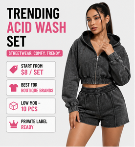 Custom logo Vintage Cotton Acid Wash <b>Zip</b> <b>up</b> Crop Sweatpants and Hoodie Set Streetwear Shorts Sweatsuit Tracksuits for Women - Product Image 2