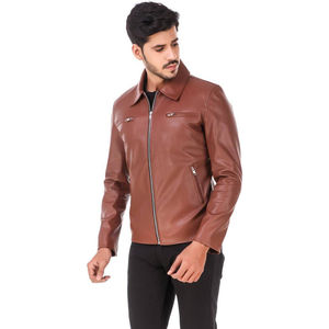 Veste en cuir véritable marron de qualité supérieure pour homme, coupe ajustée, style classique décontracté, veste de motard, en peau de mouton douce, vêtement d'extérieur tendance, automne-hiver - Product Image 4