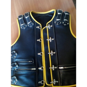 Custom <b>Black</b> Leather Motorcycle Biker <b>Vest</b> with Yellow Piping, Buckle Closures, Shoulder Straps and Multiple Zipper Pockets - Product Image 1