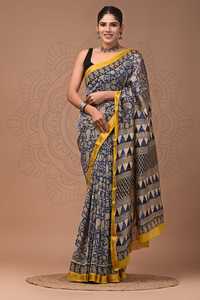 Sari en soie Maheshwari pure imprimé à la main avec pièce de blouse – Élégant soie Maheshwari pure – Vêtement ethnique imprimé à la main - Product Image 3