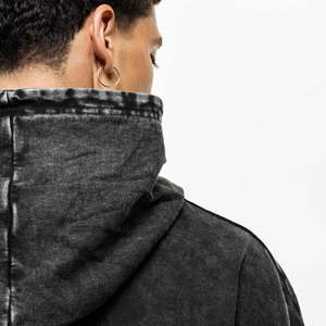 <b>Men's</b> Oversized Washed Black Hooded Sweatshirt Regular <b>Sleeve</b> Solid Color French Terry Cotton <b>Hoodie</b> Autumn Wear - Product Image 4