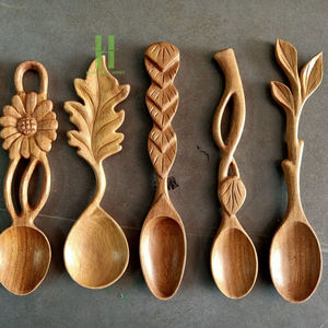 Cucharas de Madera Natural Talladas a Mano con Diseño de Hojas y Flores, Creativas, para Café, Miel y Postres, Juego de Utensilios de Cocina Decorativos, Regalo, Vietnam - Product Image 1