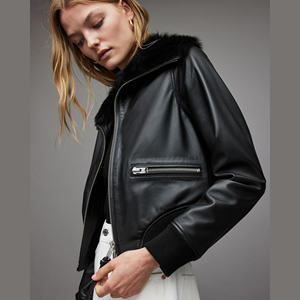 Chaqueta de cuero genuino para mujer, estilo casual, para invierno, corta, con ribete de piel, bordado, diseño de color sólido, chaqueta de cuero PU. - Product Image 2