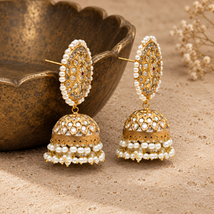 Pendientes Jhumka Redondos Chapados en Oro Estilo Kundan con Perlas de Imitación, Joyería Tradicional Pakistaní para Bodas, Venta al por Mayor de Fábrica - Product Image 4
