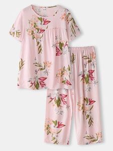 Ensemble de pyjama rose à fleurs pour femmes, manches courtes, col rond, 2 pièces, vêtements de nuit en coton, vêtements de détente décontractés d'été, taille élastique pleine longueur - Product Image 1