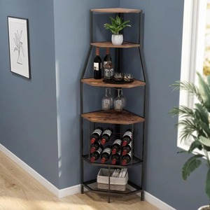 <b>Modern</b> Corner Wine Rack With 10-19 Bottle Storage And Glass Holder Solid Wood And Iron Frame Display <b>Shelf</b> For Home Furniture - Product Image 1
