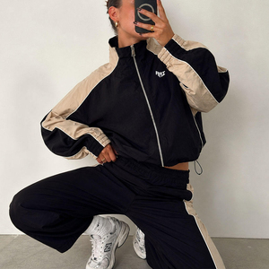 Custom Women Cropped <b>Track</b> <b>Jacket</b> Set Lightweight Contrast Panel Windbreaker Tracksuit OEM Zipper Front Stand Collar Hoodies USA - Product Image 5