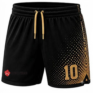 กางเกงฟุตบอลชายสีดำและสีทองพิมพ์ลายแบบ Sublimation หมายเลข 10 พร้อมเชือกผูกเอว ระบายอากาศได้ดี ผลิตจากโพลีเอสเตอร์ เหมาะสำหรับเล่นกีฬาในฤดูร้อน - Product Image 1