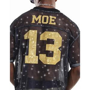 Maillot de football américain tendance noir en maille avec strass pour homme, style hip-hop scintillant, streetwear oversize, maillot d'équipe brillant OEM - Product Image 4