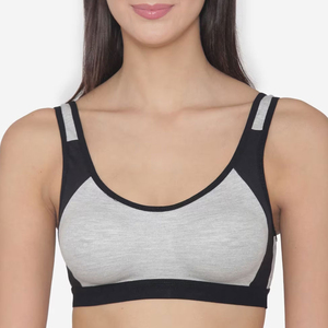 Sujetador deportivo de doble tirante gris y negro para mujer, cuello redondo, top corto transpirable para yoga, running, fitness y entrenamiento. - Product Image 1