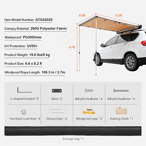 Large 6.6 X 8.2 <b>Car</b> Side <b>Awning</b> PU3000mm UV50+ Retractable Vehicle <b>Awning</b> with Waterproof Storage Bag Side Coverage Shade B - Product Image 2