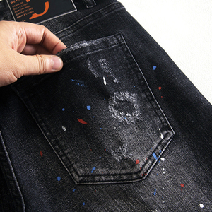 Jeans en denim extensible pour hommes avec logo personnalisé, taille mi-haute, style décontracté, streetwear, vente en gros - Product Image 5