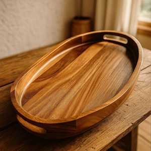 Cheap Price <b>Rectangular</b> Wood Serving <b>Tray</b> with Brass Handles Minimalist Design Durable Solid Plate Type for Food Serving Use - Product Image 5