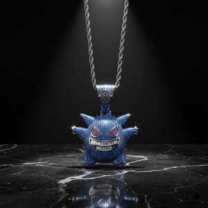 Pendentif Pokémon Gengar fantôme personnalisé serti de pierres, fabriqué à la main en or blanc 14 carats avec micro-pavé de saphirs bleus et diamants roses - Product Image 1