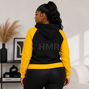 Sweat-shirt à capuche HMR Sorority Sisterhood noir et jaune, à blocs de couleurs, manches longues, en polaire, avec poches, décontracté, automne - Product Image 4