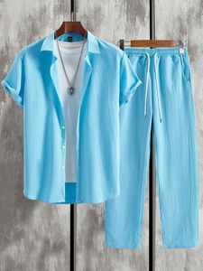 Light Blue Breathable Knitted Two Piece Men Set <b>Short</b> <b>Sleeve</b> <b>Button</b> <b>Shirt</b> Elastic Waist Pants Casual Summer Outfit Custom Logo - Product Image 1