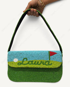 Sac à bandoulière de golf perlé fait main Vert Bleu Motif terrain de golf Drapeau Balle Design Sac de soirée pour femme Fabricant Grossiste - Product Image 1
