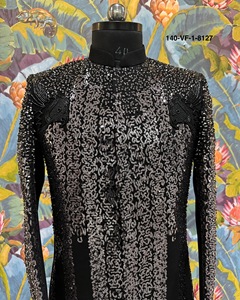 Traje Jodhpuri Negro Sólido con Cuello Mandarín, Base TR Lachka, Blazer con Hombros Decorados con Lentejuelas Gunmetal y Cuentas 3D - Product Image 4