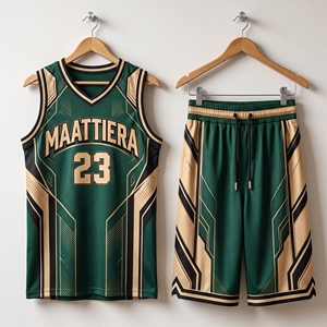 Ensemble d'uniformes de basketball MAATTIERRA personnalisés vert-beige, maillot sans manches à imprimé géométrique et short assorti, vente en gros de vêtements de sport pour équipes - Product Image 5