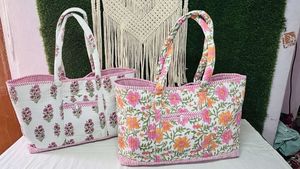 Eco Friendly Handmade Magnetic Closure Tote Bag floral Cotton Quilted Shoulder Shopper Bags Travel Utility Organizer Set - Product Image 3